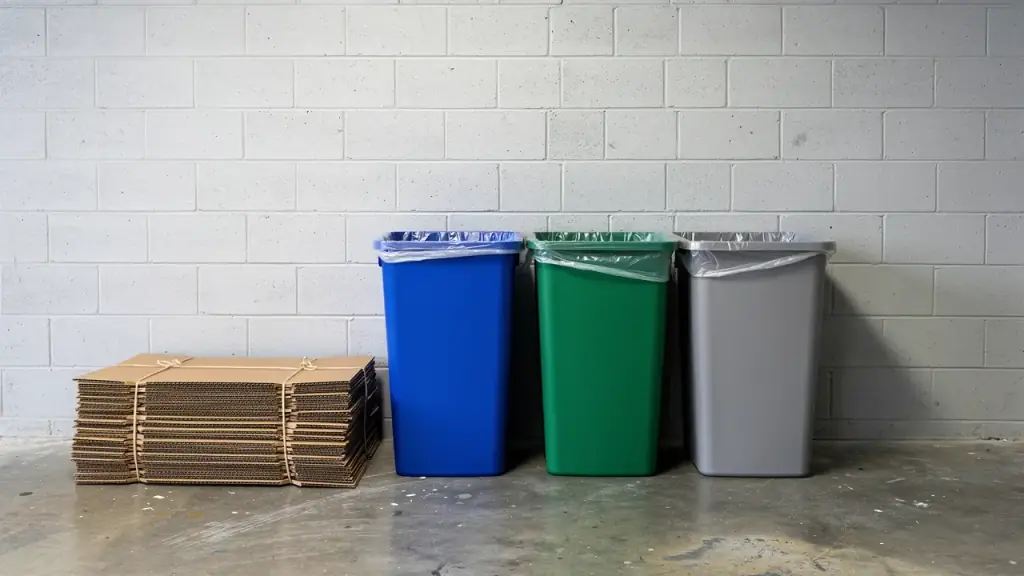 A back-of-house recycling station with three sorting bins and bundled cardboard