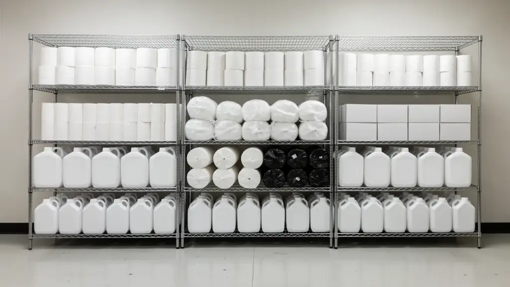 A janitor's supply room with paper towel, tissue, garbage bag rolls and hand soap refills faced in rows